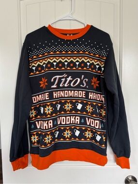 Tito’s Vodka Ugly Christmas Sweater Dark Gray Orange Crewneck Small Unisex